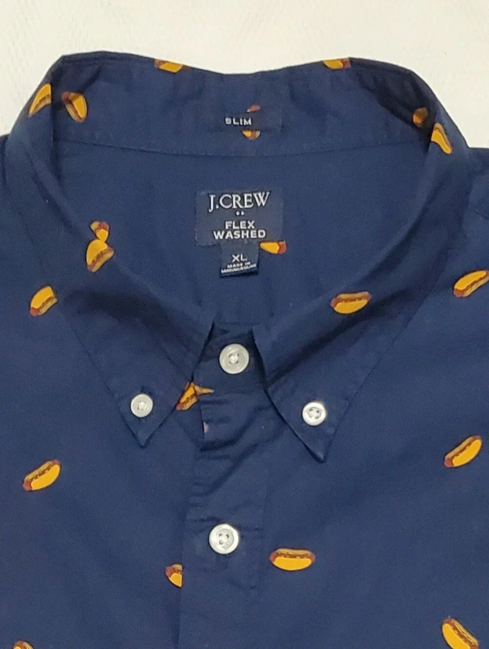 J. Crew Flex Short Sleeve Button Down Slim Fit Shirt Navy Hot Dog Print Mens XL